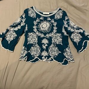 Teal and White Embroidered Women's Top